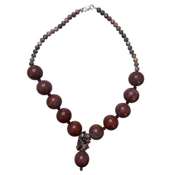 Red Jasper & Rhyolite Beaded Necklace With Silver Clasp